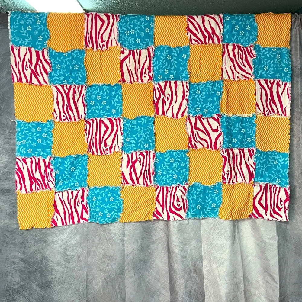 Handmade Baby Blanket with Pink Zebra, Blue & White Flowers, and Orange Chevron